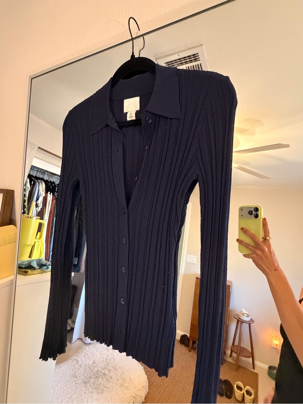 H&M Navy Ribbed Collared Cardigan Top Size Small Minimalist Chic